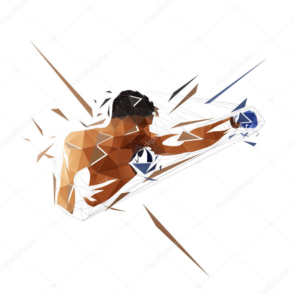Boxing logo, kickbox fighter, low polygonal isolated vector illustration. Geometric drawing from triangles