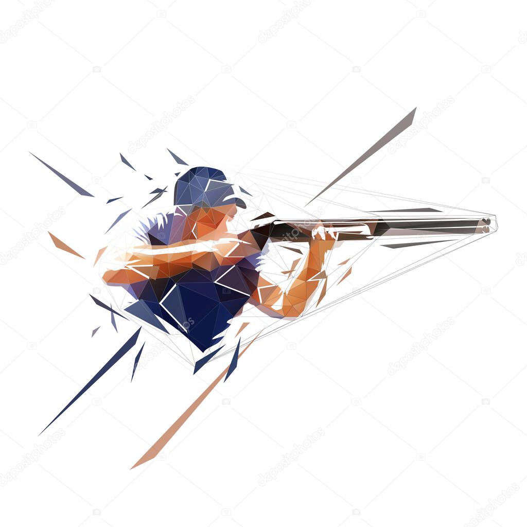 Trap shooting, aiming athlete with gun, low polygonal isolated vector illustration. Geometric drawing from triangles
