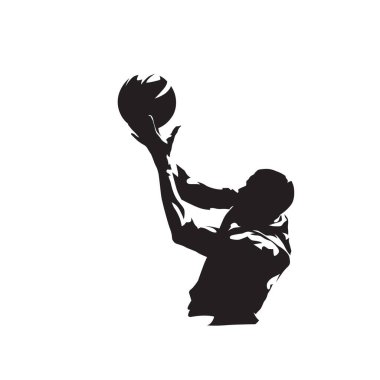 Basketbolcu topa vuruyor, izole vektör silueti. Basketbol logosu