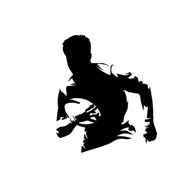 Top ile çalışan rugby oyuncusu, izole vektör silueti, mürekkep çizimi