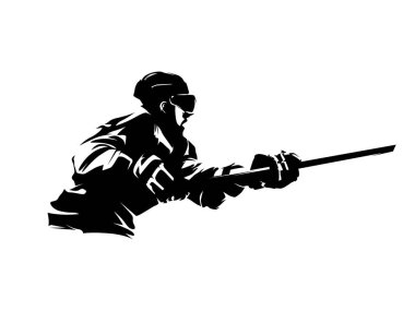 Buz hokeyi oyuncusu puck atıyor, izole vektör silueti. Mürekkep çizimi. Hokey logosu
