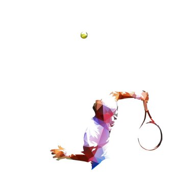 Tenis oyuncusu top oynuyor, düşük çokgen çizim. Soyut geometrik izole vektör çizimi
