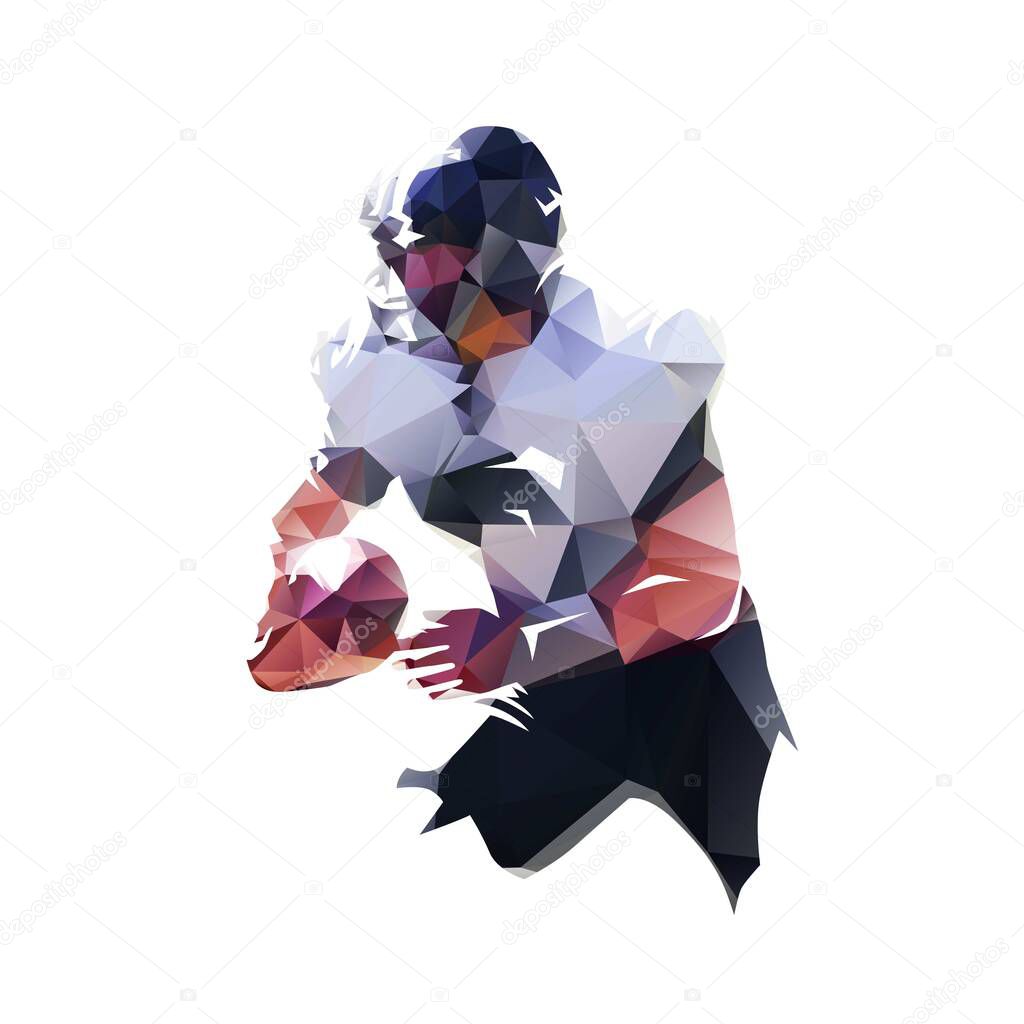American football player running with ball, low polygonal vector illustration. Isolated geometric football player logo