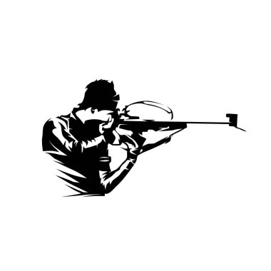 Biatlon atış pozisyonu, izole vektör silueti. Biatlon yarışçısı logosu