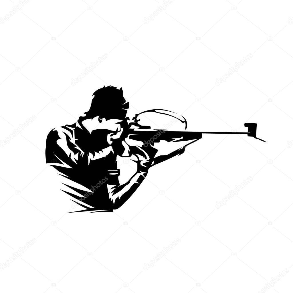 Biathlon standing shooting position, isolated vector silhouette. Biathlon racer logo