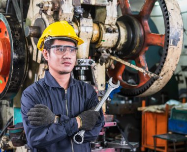 Üniformalı ve sarı şapkalı bir fabrika işçisi kameraya bakıyor ve elinde fabrikada çalışmaya hazır olmak için bir ingiliz anahtarı gösteriyor. Arka planda da metal işçiliği makineleri var..