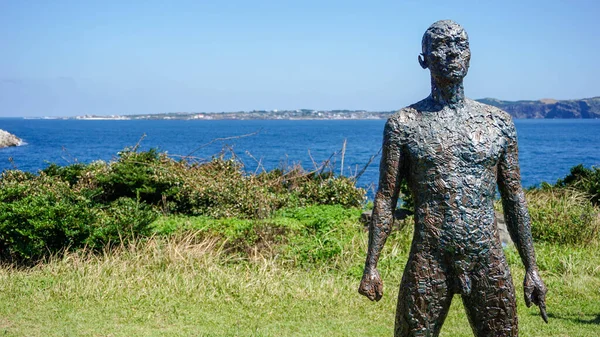 A sculpture of a man made of iron standing on a high bank with green grass in front of the sea