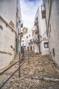 Geleneksel Mimarlık, Sokak Sahnesi, Peniscola, İspanya 'nın En Güzel Köyleri, Costa de Azahar, Bajo Maestrazgo, Castellon, Comunidad Valenciana, İspanya, Avrupa