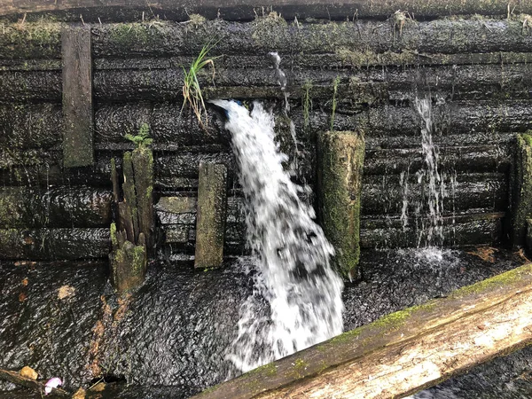 Cascata su una diga con grossi tronchi — Foto Stock