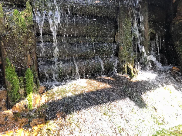 Cascata su una diga con grossi tronchi — Foto Stock