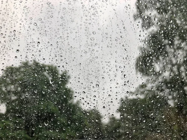 Gouttes de pluie sur un parapluie clair sous un ciel couvert par temps pluvieux . — Photo