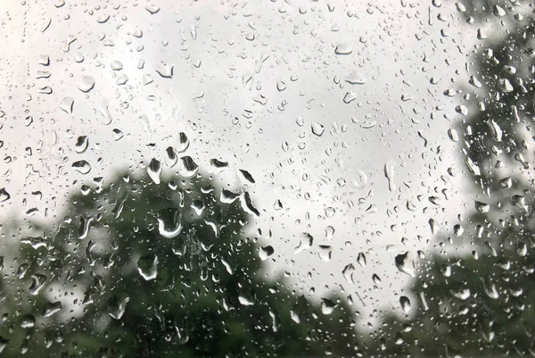 Gouttes de pluie sur un parapluie clair sous un ciel couvert par temps pluvieux . — Photo