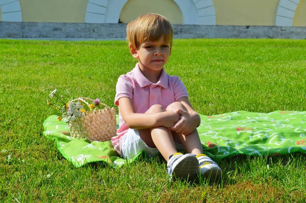 Menino sentado na grama no parque de verão . — Fotografia de Stock
