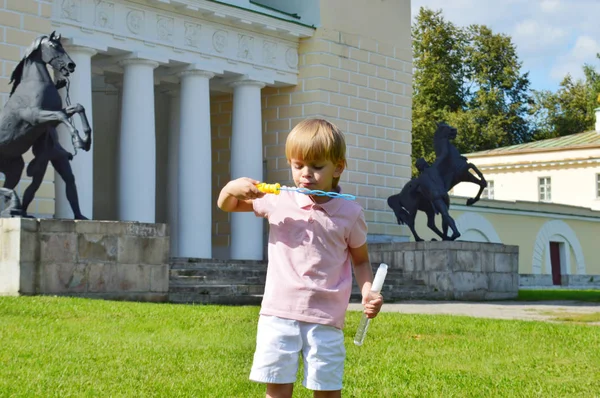 Niño juega con burbujas de jabón en el parque de verano . — Foto de Stock