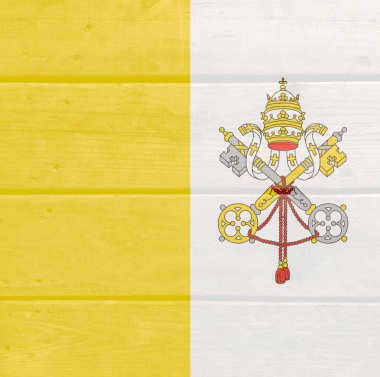 Tahta zemine Vatikan bayrağı boyanmış. Fırçalanmış doğal ışık düğümlü ahşap tahta doku. Vatikan 'ın ahşap arkaplan bayrağı