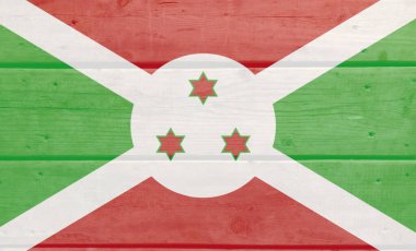 Ahşap zemine Burundi bayrağı boyanmış. Fırçalanmış doğal ışık düğümlü ahşap tahta doku. Burundi 'nin tahta desenli arka plan bayrağı
