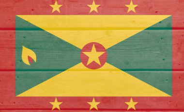 Ahşap zemin üzerine Grenada bayrağı boyanmış. Fırçalanmış doğal ışık düğümlü ahşap tahta doku. Grenada 'nın tahta desenli arka plan bayrağı