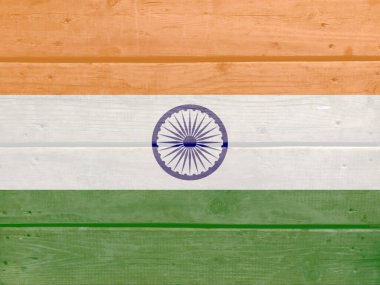 Tahta arka planda Hindistan bayrağı var. Fırçalanmış doğal ışık düğümlü ahşap tahta doku. Hindistan 'ın ahşap arkaplan bayrağı