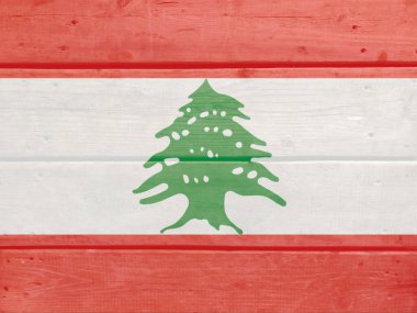 Tahta zemine Lübnan bayrağı çizilmiş. Fırçalanmış doğal ışık düğümlü ahşap tahta doku. Lübnan 'ın ahşap arkaplan bayrağı