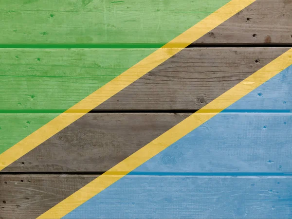 Tanzania Flaga Malowane Tle Deski Drewna Szczotkowane Naturalne Światło Wiązane — Zdjęcie stockowe