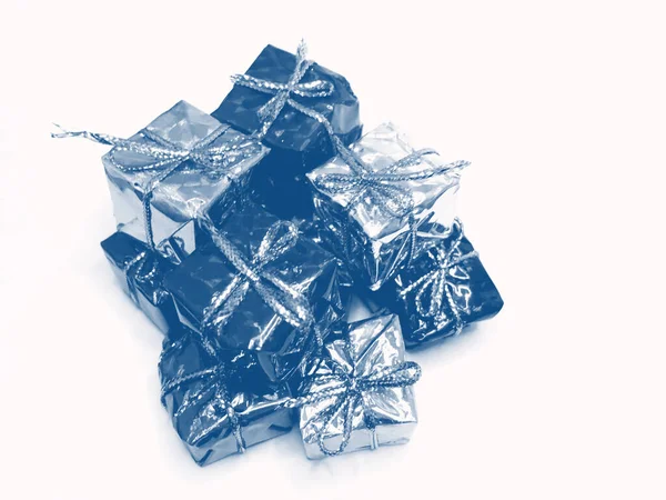 Closeup Pile Gifts Wrapped Nice Papers Tied Ribbons Phantom Blue — Stock Photo, Image