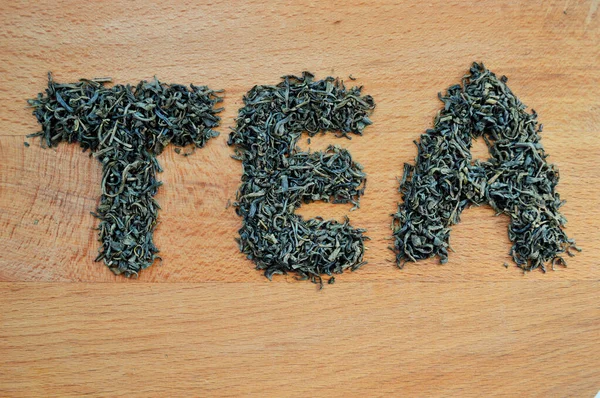 Word Tea Made Loose Leaf Tea Wooden Background — Stock Photo, Image