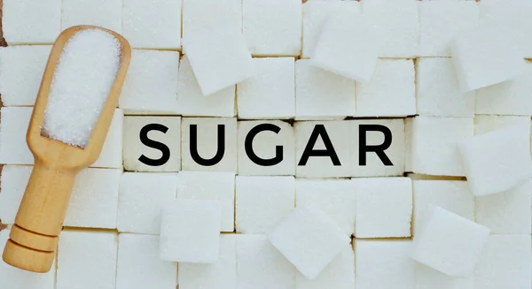 Refined Sugar Wooden Spoon Loose Sugar Word Sugar — Stock Photo, Image