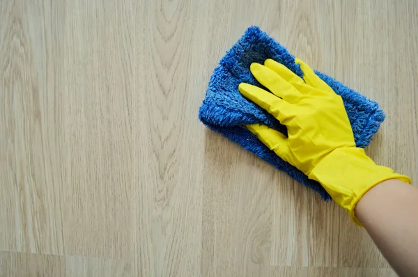 Hand Rubber Yellow Glove Washes Floor Rag — Stock Photo, Image