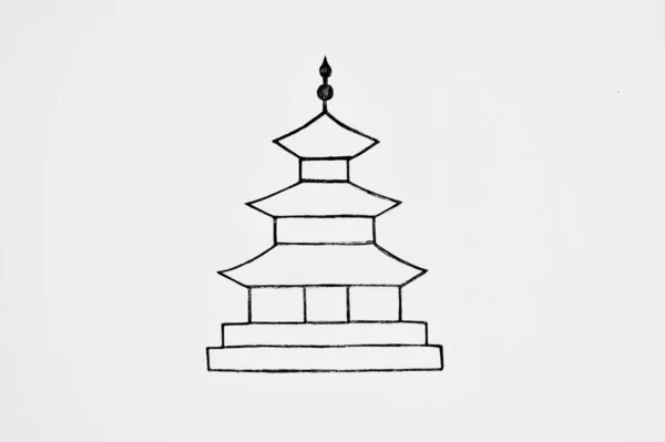 Ručně Kreslený Náčrt Samostatného Asijského Nebo Čínského Domu Černobílý Náčrt — Stock fotografie