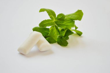 Beyaz arka planda bir sürü taze nane ve sakız.