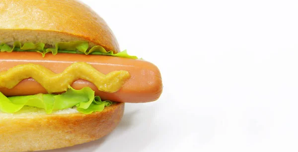 Sosisli sandviç, sarı hardal, beyaz arka planda yeşil salata. Fast food konsepti. Ulusal sosisli günü. Sosisli yeme şampiyonası. Boşluğu kopyala.