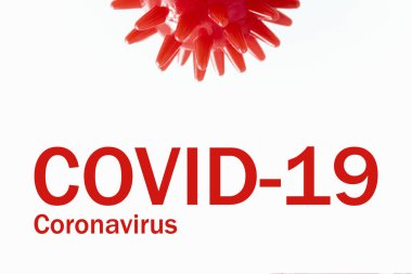 Kırmızı covid-19 virüsü ve beyaz zemin üzerinde çivi ve iğneler olan kırmızı top şeklinde bir bakteri. Karantina ve insan enfeksiyonu döneminde sağlık ve ilaç kavramı