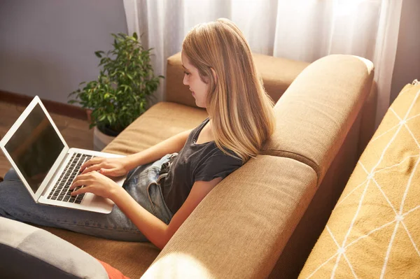 Junge Frau Arbeitet Von Hause Auf Sofa Wohnzimmer — Stockfoto
