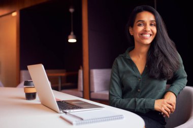 İş kadını portresi toplantı masasında oturmuş bilgisayarla modern açık planlama ofisinde çalışıyor.