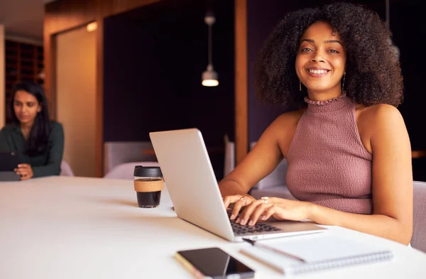 Retrato Una Mujer Negocios Con Computadora Portátil Una Reunión Socialmente —  Fotos de Stock