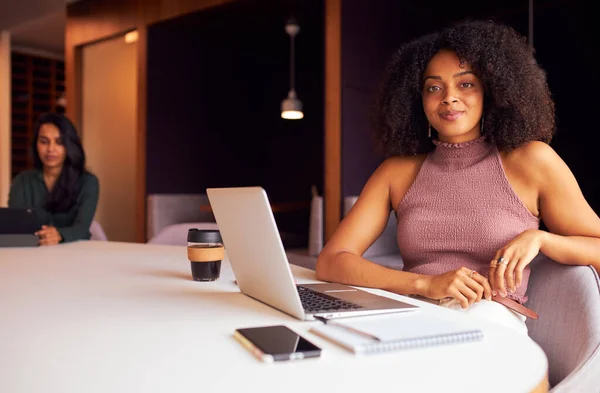 Portret Van Zakenvrouw Met Laptop Sociaal Afstandelijke Bijeenkomst Kantoor Tijdens — Stockfoto