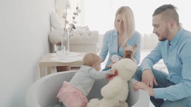 Mutlu anne ayı ve topları yakınındaki güzel kızı ile oynayan küçük köpek ile. Ağır çekim