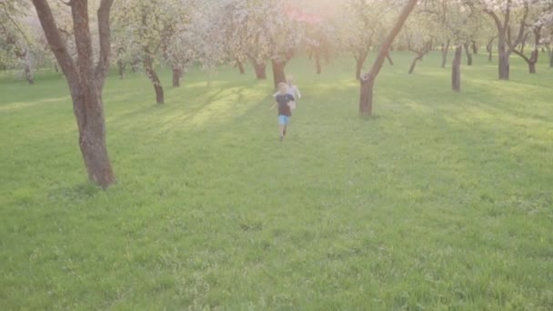 Un chico y una chica activos corren cerca de los árboles en el parque. Hermosa naturaleza. Movimiento lento — Vídeos de Stock