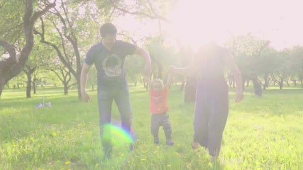 Όμορφη οικογένεια απολαμβάνει καλοκαιρινή μέρα στο πάρκο: μικρό μωρό μαθαίνει πώς να περπατήσει με τη μαμά και τον μπαμπά, βοηθώντας τον να κάνει τα πρώτα του βήματα — Αρχείο Βίντεο