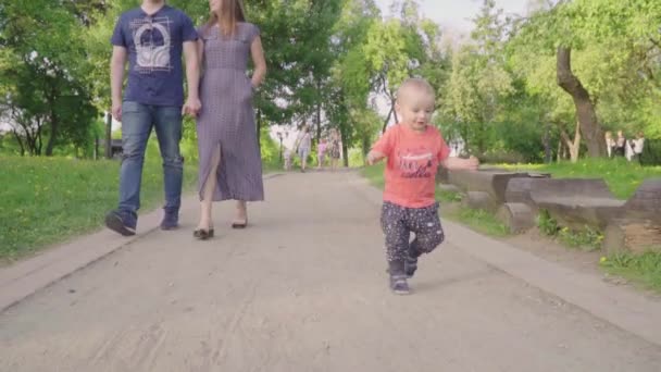 Hermosa familia disfrutando del día de verano en el parque: pequeño bebé aprendiendo a caminar con mamá y papá ayudándole a dar sus primeros pasos — Vídeos de Stock