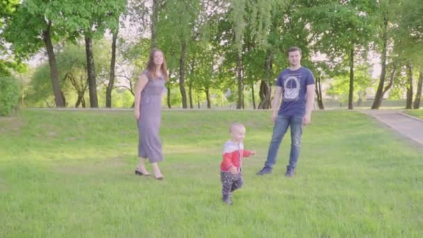 Glad liten unge leker med hans föräldrar i parken på gräset i solljus — Stockvideo