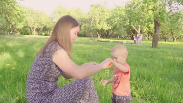 Jovem mãe bonita soprando bolha de sabão para seu filhinho. Movimento lento — Vídeo de Stock