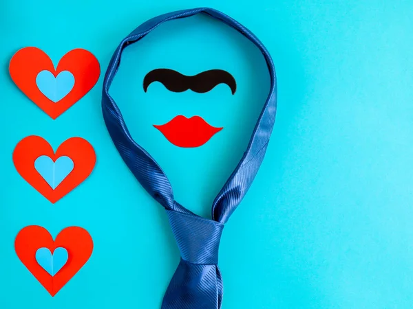 Blue Tie Blue Background One Blue Tie Mustache Lips Shape — Stock Photo, Image