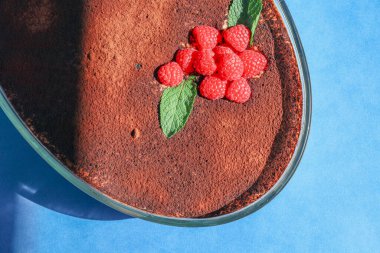 Mavi arka planda tiramisu tatlısı cam kasede tatlı bir tiramisu tatlısı mavi arka planda, yakın planda yatıyor..