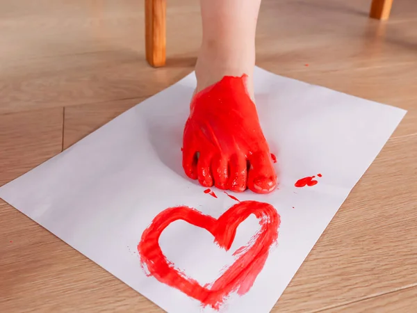 Children Foot Red Heart Sheet White Paper Close Side View — Stock Photo, Image