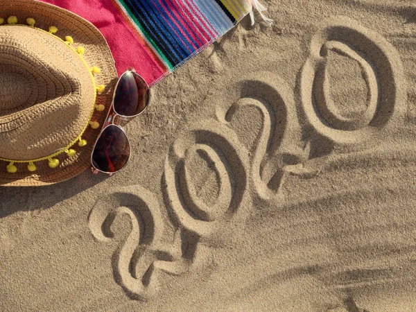 Sunglasses Beach Sunglasses Straw Hat Colored Beach Mat Inscription Sand — Stock Photo, Image