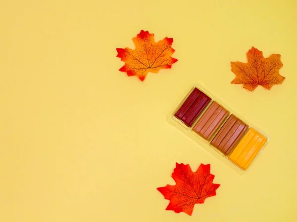Plasticine of brown shades and autumn leaves lie on the right in the corner on a yellow background with space for text on the left, close-up top view .