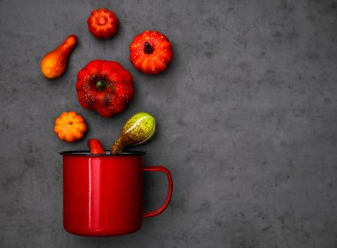 Soldaki kırmızı metal bardaktan çıkan balkabakları koyu beton arka planda sağda yazı için yer var, üstten yakın plan..