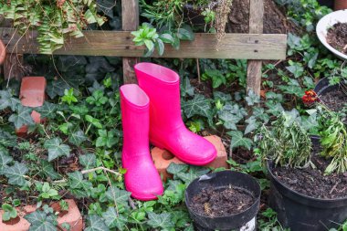 Bebek pembe lastik botlar bahçede yerde yatıyor, yakın plan yan görüş..