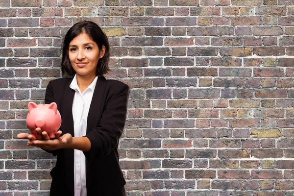 Mixed Race Businesswoman Holiding Piggybank — Stock Photo, Image